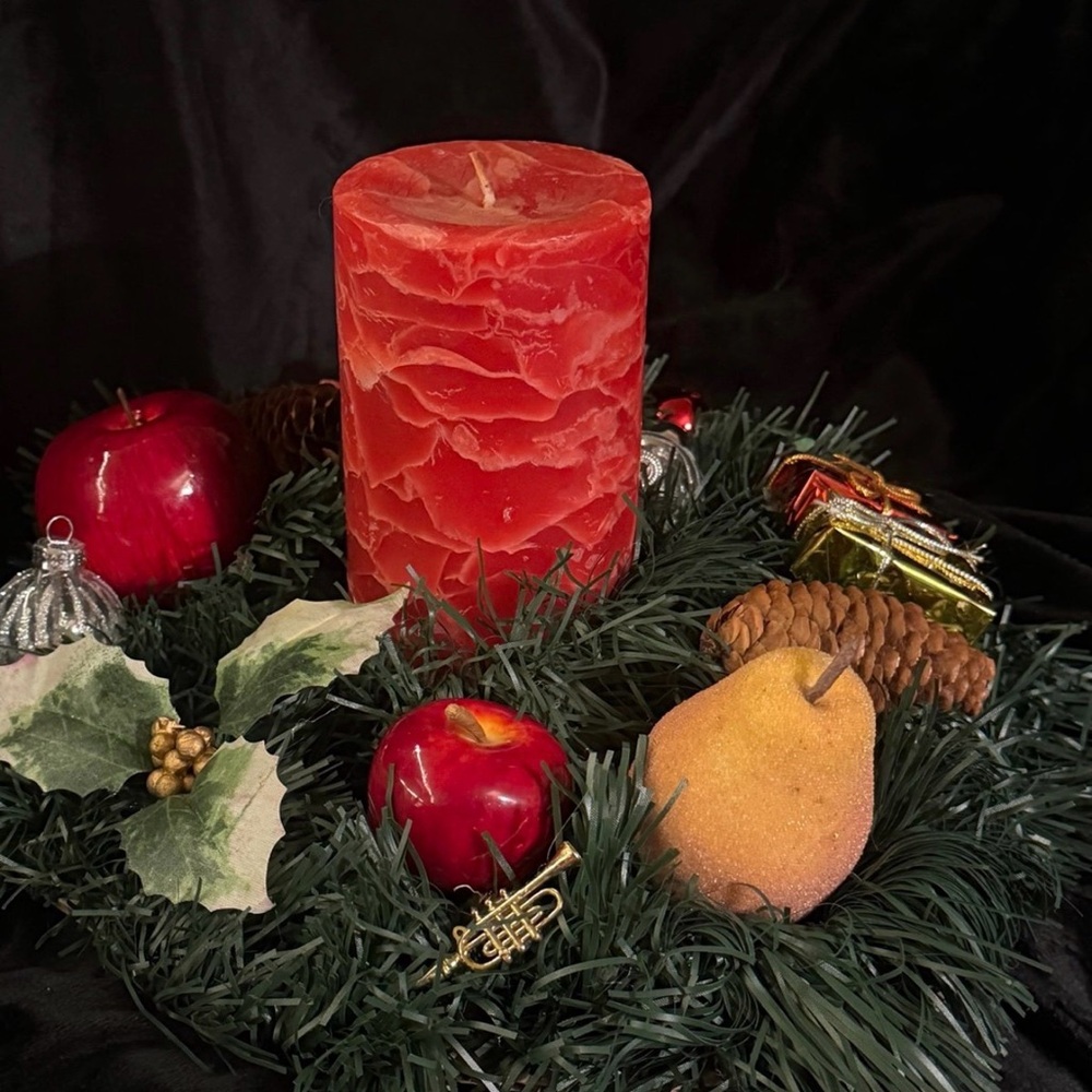 Red Textured Candle with Holiday Decor